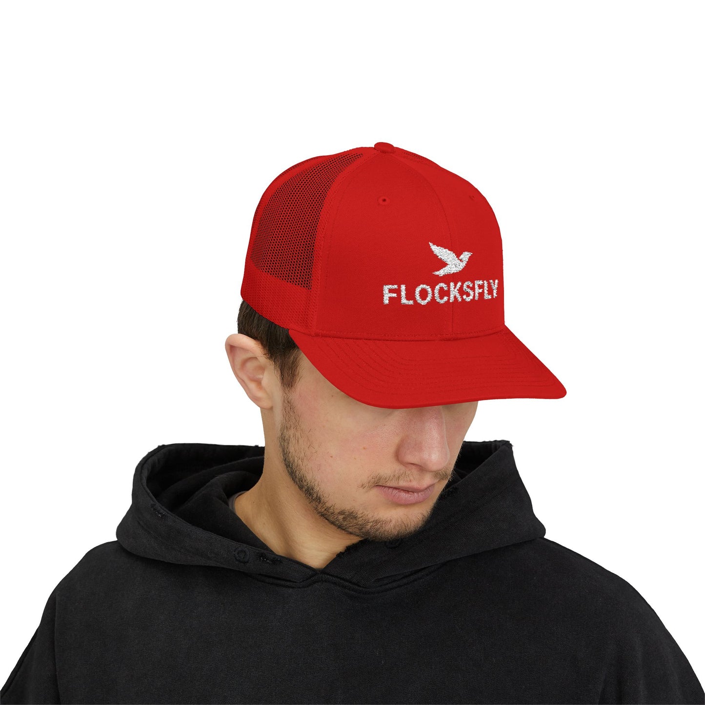 FLOCKSFLY Snapback Trucker Cap - Red Mesh Hat for Outdoor Enthusiasts